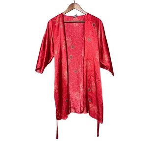 Jaclyn Smith Unisex NA Open Front Short Sleeve Tie Waist Red Kimono Robe Resort